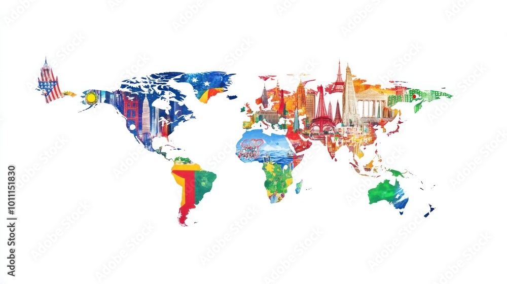 Obraz premium A colorful world map featuring iconic landmarks from various countries.