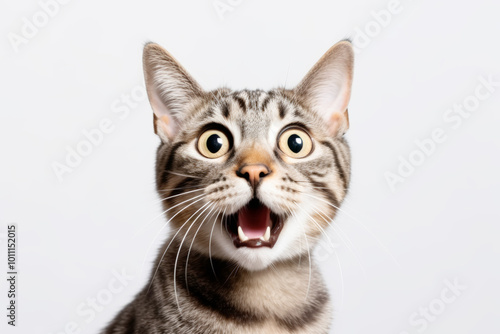 The  cat reacting with surprise, wide eyes and open mouth