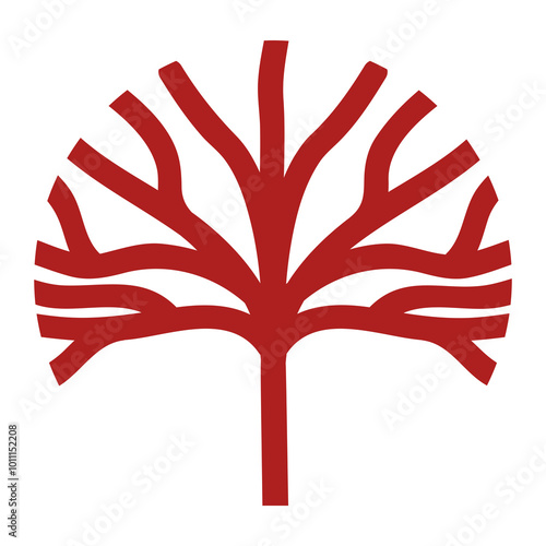 Red bare tree over white