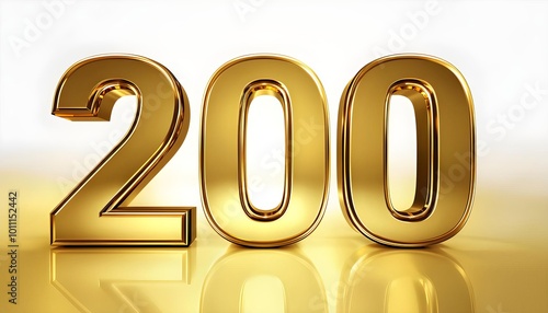 3D gold number 200 on reflective surface, metallic and shiny, anniversary celebration
