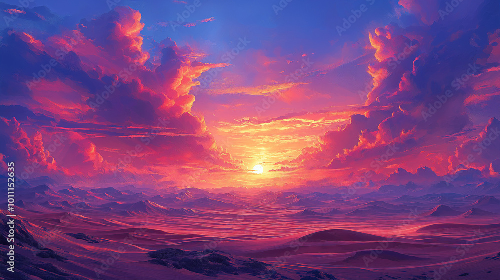 A dramatic nature scene of a vast desert with rolling sand dunes under a vibrant sunset sky A dramatic nature scene of a vast desert with rolling sand dunes under a vibrant sunset sky