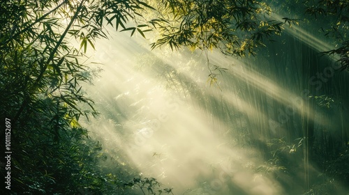 A serene forest scene with sunlight streaming through trees, creating a peaceful and ethereal atmosphere in nature. photo