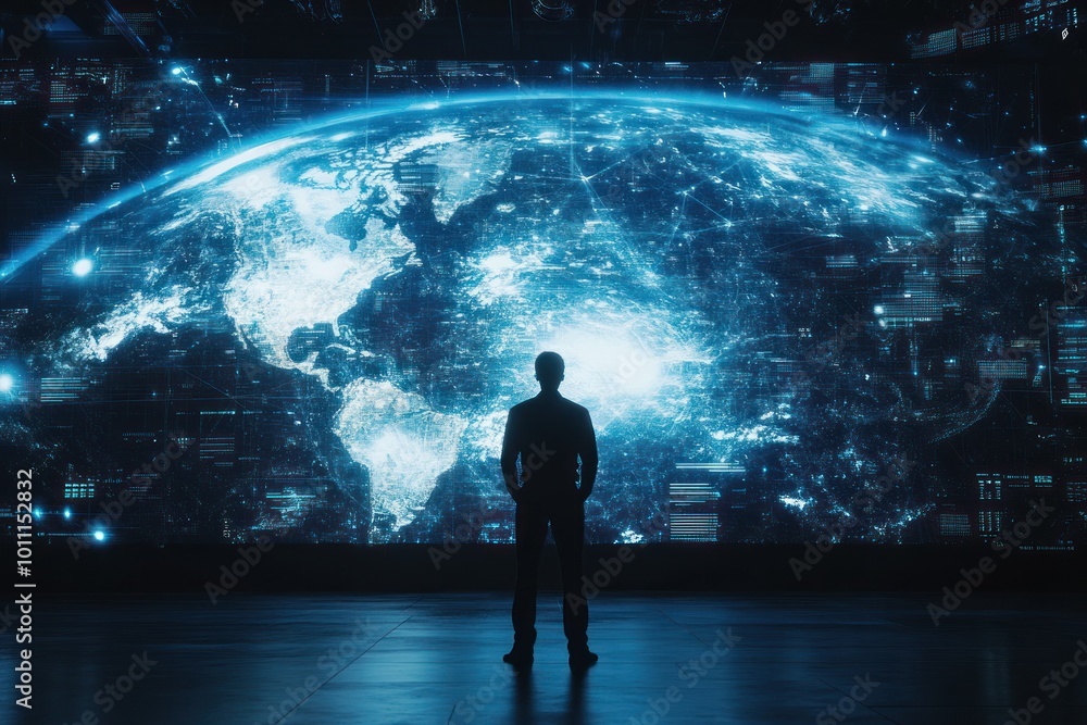 Fototapeta premium Man Silhouette Before Stunning Digital Earth Projection