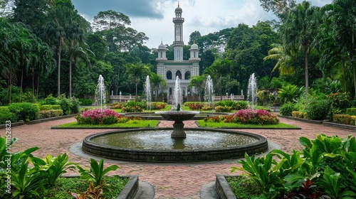 A serene garden featuring a beautiful fountain surrounded by lush greenery and vibrant flowers, perfect for relaxation and nature lovers.