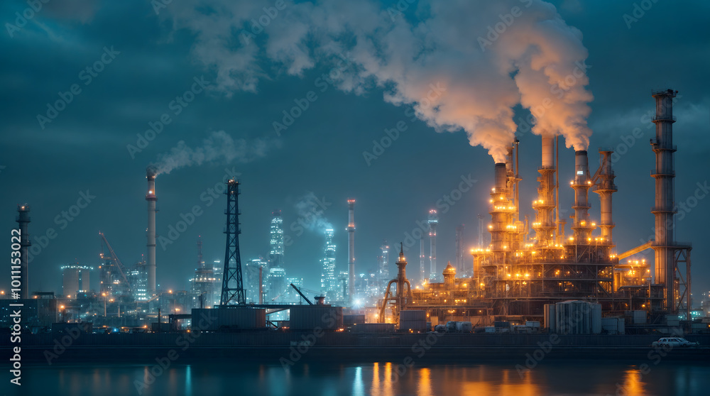 Industrial refinery at night with illuminated towers and smoke emissions Industrial refinery at night with illuminated towers and smoke emissions