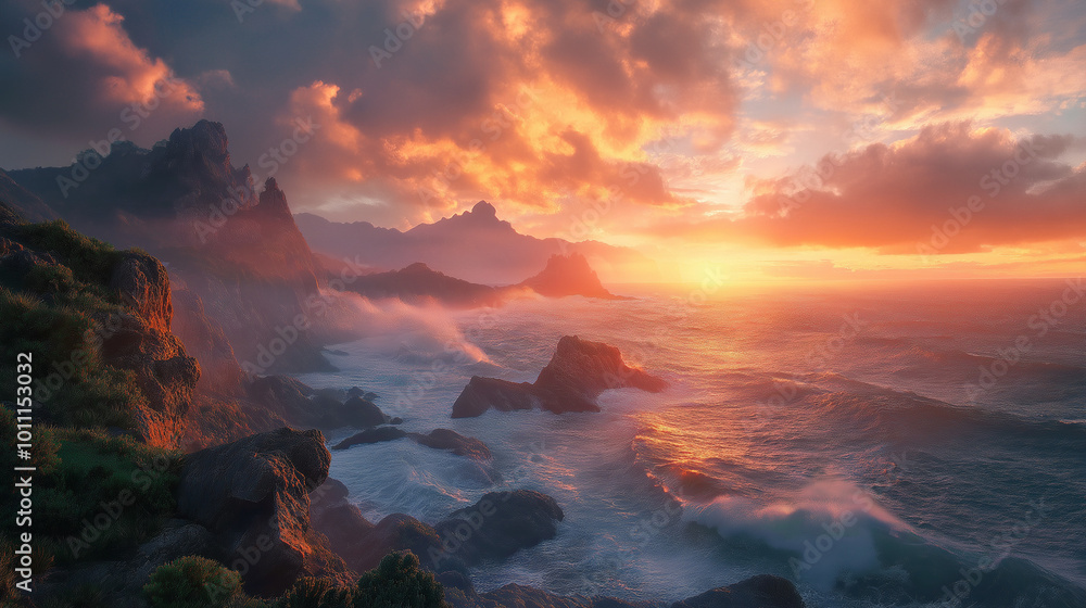 A majestic nature scene of towering cliffs along a coastal path, with waves crashing against the rocks under a dramatic sunset A majestic nature scene of towering cliffs along a coastal path, with waves crashing against the rocks under a dramatic sunset