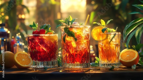 Three refreshing iced cocktails with fruit garnishes on a wooden table. photo