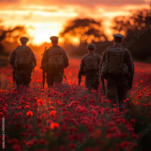 Soldiers walk through a field of vibrant flowers at sunset, symbolizing peace and remembrance amidst a colorful landscape.