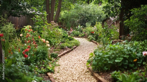 A serene garden pathway surrounded by vibrant flowers and lush greenery, perfect for outdoor relaxation and nature appreciation.