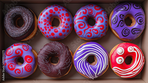 Verführerische Donut-Kollektion: Frische, handgemachte Donuts in leuchtenden Farben mit verschiedenen Toppings auf hellem Hintergrund. Food Marketing perfekt. Food Fotografie photo