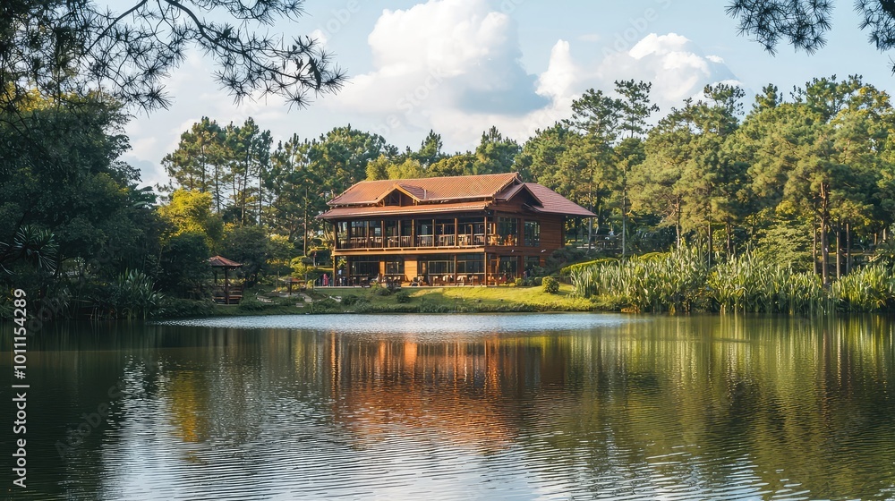 A serene lakeside view showcasing a wooden house surrounded by lush trees and a clear sky, perfect for nature enthusiasts. A serene lakeside view showcasing a wooden house surrounded by lush trees and a clear sky, perfect for nature enthusiasts.