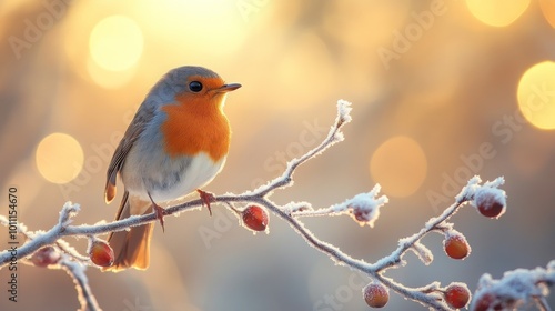 Winter cute bird sitting on the tree branch. Beautiful nature banner with bokeh background. Park or garden animal.