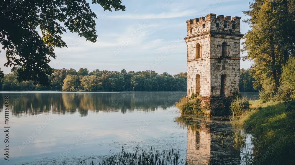 Obraz premium A serene landscape featuring a vintage tower by a tranquil lake surrounded by lush greenery under a clear blue sky.