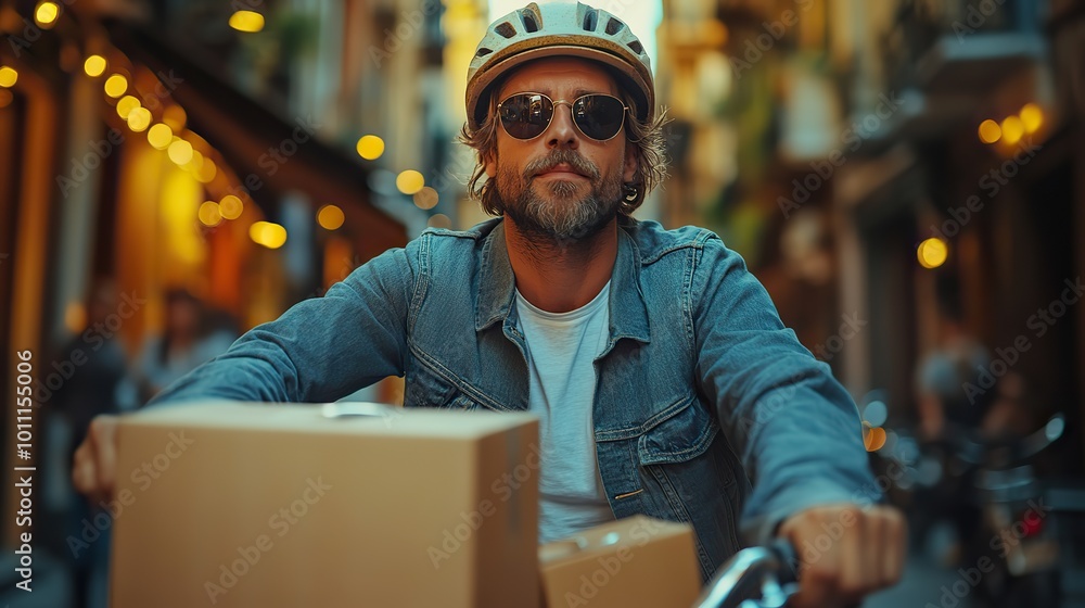 Obraz premium male courier with bicycle ,sunglasses delivering packages in city