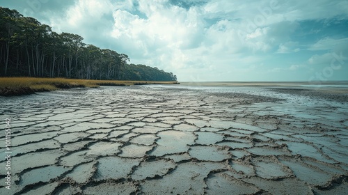 A serene landscape featuring cracked earth under a cloudy sky, showcasing the beauty of nature's resilience and changing environments. photo