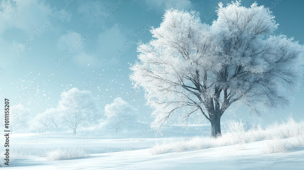 A serene nature scene of a snowy winter landscape, with crisp, clear details of frost-covered trees under a pale blue sky A serene nature scene of a snowy winter landscape, with crisp, clear details of frost-covered trees under a pale blue sky