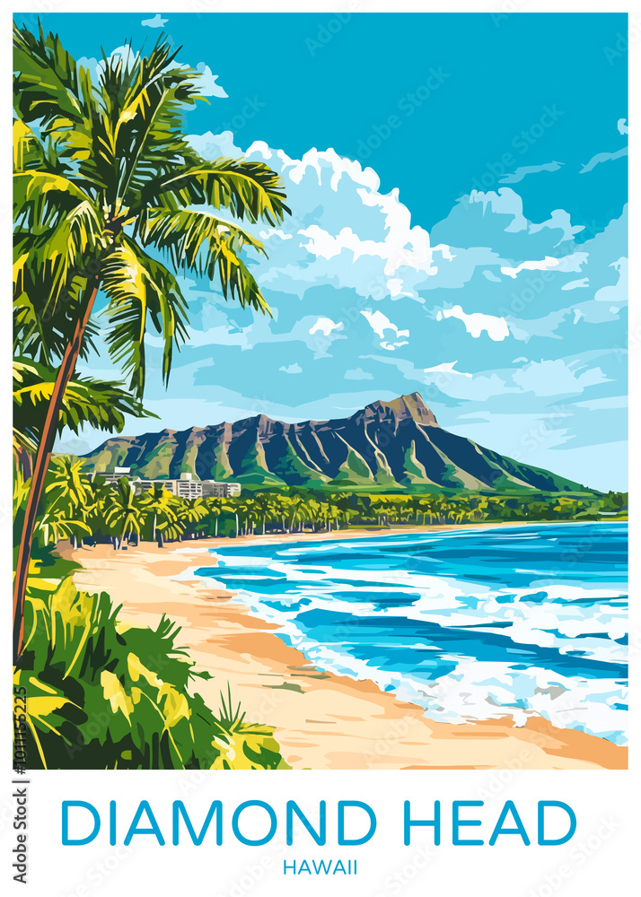 Diamond Head Hawaii Poster Illustration Travel Print Decor Gift Paper Canvas Wall Retro Art