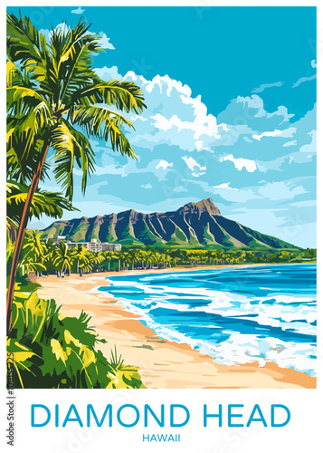 Obraz na płótnie Diamond Head Hawaii Poster Illustration Travel Print Decor Gift Paper Canvas Wall Retro Art w salonie