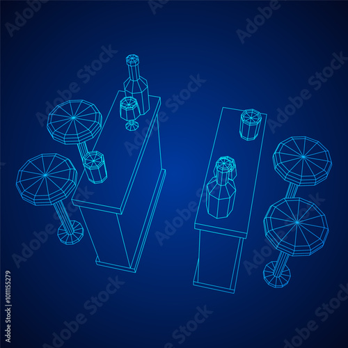 Bar counter with stools, bar top with bottles and glasses. Wireframe low poly mesh vector illustration.