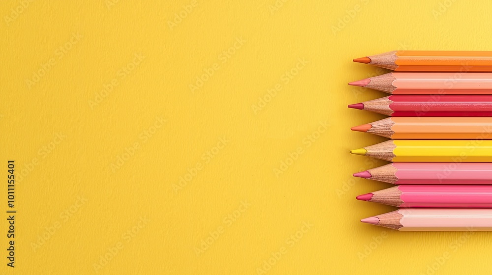 A vibrant arrangement of colored pencils in shades of pink and orange against a bright yellow background. A vibrant arrangement of colored pencils in shades of pink and orange against a bright yellow background.