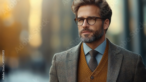 Stylish man in a formal outfit walks through a city street during autumn, showcasing a blend of classic and contemporary fashion