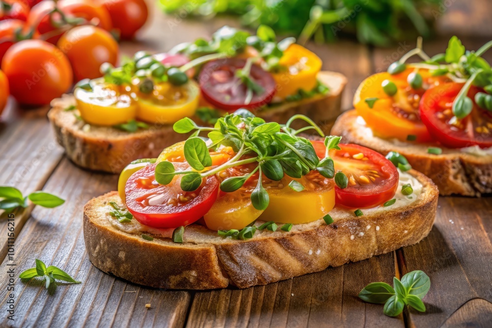 Delicious Open Faced Sandwiches with Heirloom Tomatoes and Micro Green Sprouts for Healthy Eating and Fresh Flavor Delicious Open Faced Sandwiches with Heirloom Tomatoes and Micro Green Sprouts for Healthy Eating and Fresh Flavor