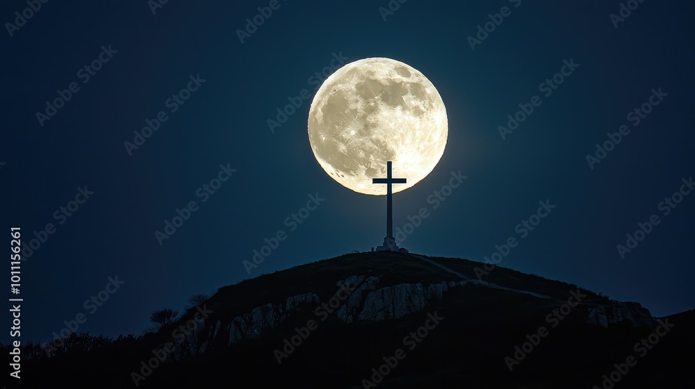 A serene night scene featuring a luminous full moon behind a silhouetted cross on a hill, evoking peace and spirituality. A serene night scene featuring a luminous full moon behind a silhouetted cross on a hill, evoking peace and spirituality.
