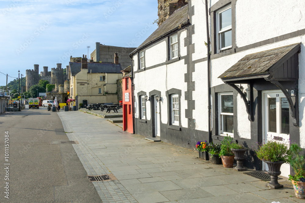 Obraz premium White building facades along Lower Gate Street leading past white and black buildings and Britain’s smallest house on Quay to Castle