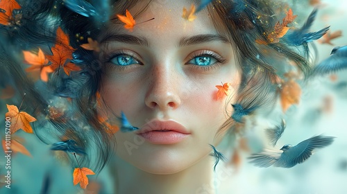 mental health issues concept girl surrounded by swirling abstract elements such as birds ,leaves flurry of thoughts emotions ,experiences that can affect mental health generative ai