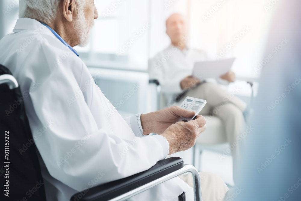 Obraz premium The measuring blood sugar levels in elderly people in a nursing home with an elderly man in a wheelchair wearing dark clothes