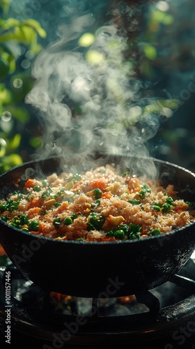 Delicious vegetable fried rice cooking in a traditional pan outdoors, surrounded by lush greenery and warm, sunny atmosphere photo