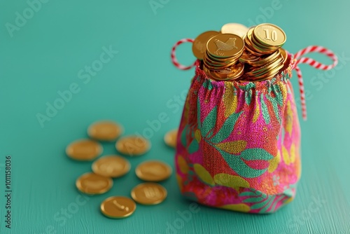 Gelt coins in a pouch, dreidels scattered, festive background, 3D illustration photo