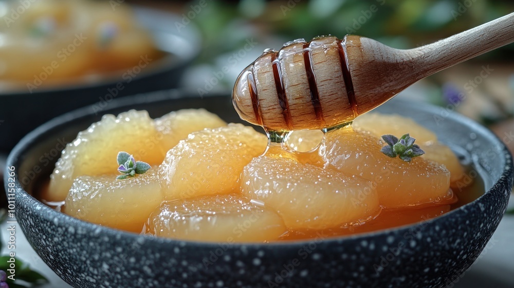 A bowl of sweet fruit dessert drizzled with honey and garnished. A bowl of sweet fruit dessert drizzled with honey and garnished.