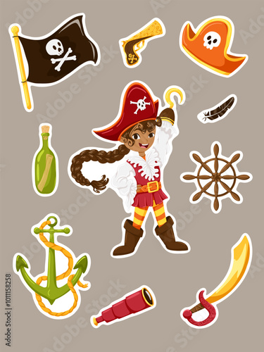 Cartoon pirate elements. Halloween stickers with a pirate girl character, flag, steering wheel, anchor, sword, gun, pirates adventure vector set. Illustration of a child in a Halloween pirate costume