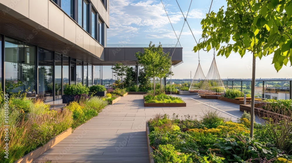 A serene rooftop garden featuring lush greenery, modern design, and serene views, creating a tranquil urban oasis for relaxation. A serene rooftop garden featuring lush greenery, modern design, and serene views, creating a tranquil urban oasis for relaxation.