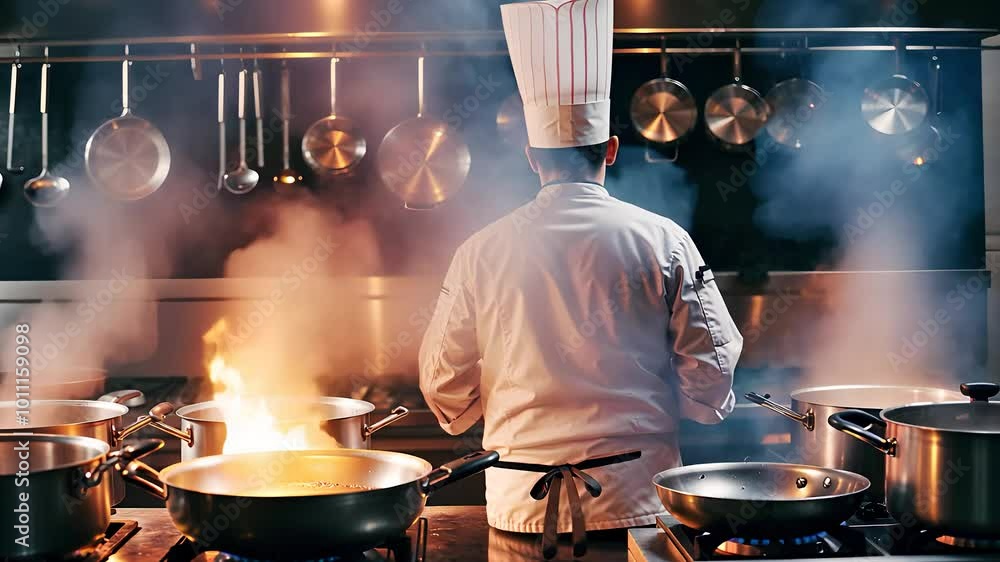 Chef Cooking in Busy Professional Kitchen with Flames and Steam
Chef Cooking in Busy Professional Kitchen with Flames and Steam