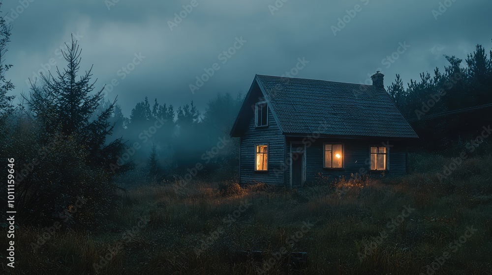 A serene, isolated house illuminated by warm light, surrounded by misty trees, creating a mysterious evening atmosphere. A serene, isolated house illuminated by warm light, surrounded by misty trees, creating a mysterious evening atmosphere.