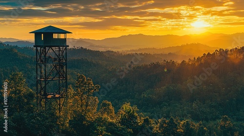 A serene sunset view from an elevated lookout tower amidst lush mountains, capturing the beauty of nature's vibrant colors.
