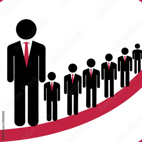 Queue of men in suits waiting in line in red, black, and white vector.