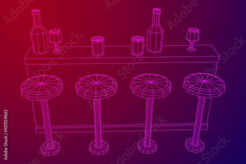 Bar counter with stools, bar top with bottles and glasses. Wireframe low poly mesh vector illustration.