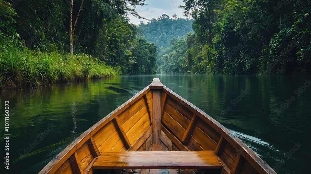 A serene view from a wooden boat navigating through a lush, green river surrounded by tropical forest. A serene view from a wooden boat navigating through a lush, green river surrounded by tropical forest.