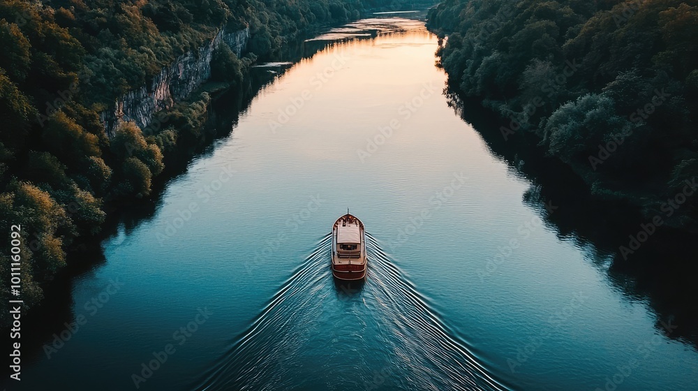 Fototapeta premium A serene view of a boat gliding through calm waters surrounded by lush greenery under a beautiful sunset sky.