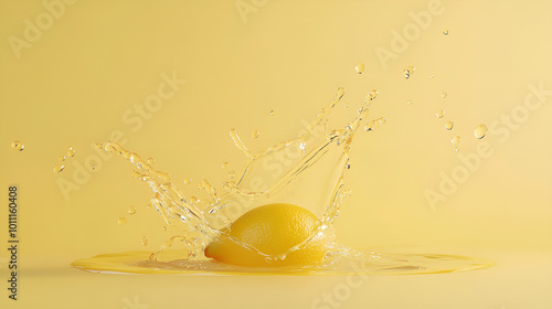 Lemon soda splash in mid-air with sparkling droplets on a pastel yellow background, zesty and refreshing for advertisements. photo