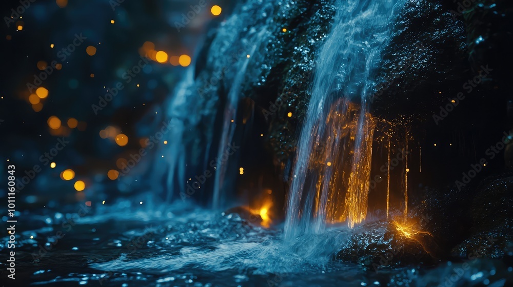 A serene waterfall cascading over rocks, illuminating the surroundings with warm light and creating a peaceful atmosphere. A serene waterfall cascading over rocks, illuminating the surroundings with warm light and creating a peaceful atmosphere.