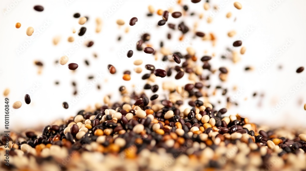 A vibrant mix of various seeds scattered against a light background.