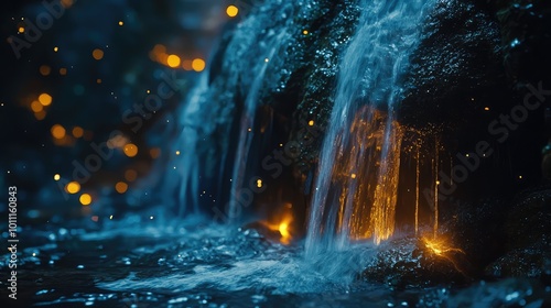 A serene waterfall cascading over rocks, illuminating the surroundings with warm light and creating a peaceful atmosphere.