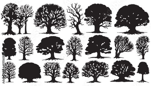 Naked trees silhouettes set. Hand drawn isolated illustrations vector illustration design black and white art