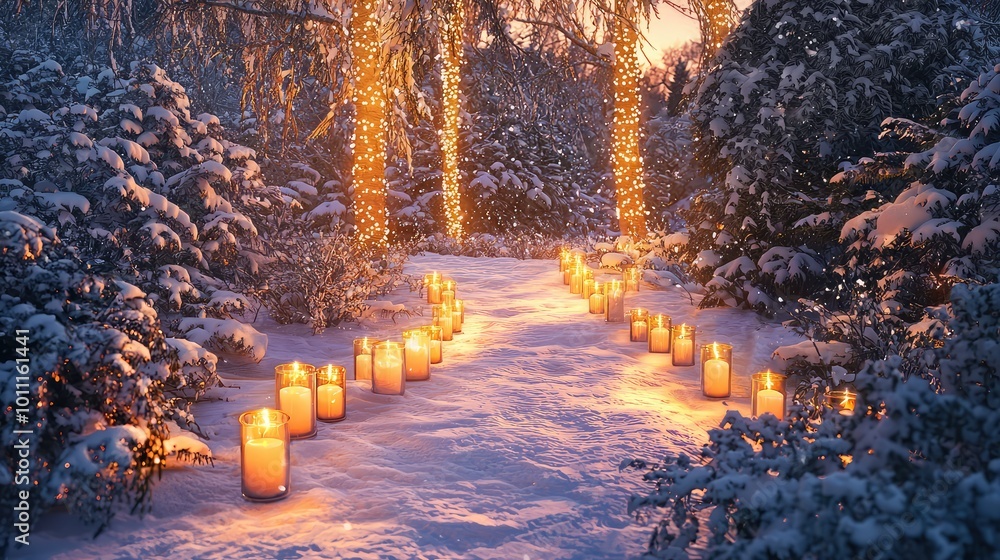 A serene winter pathway adorned with glowing candles and twinkling lights, creating a magical atmosphere in the snowy landscape. A serene winter pathway adorned with glowing candles and twinkling lights, creating a magical atmosphere in the snowy landscape.