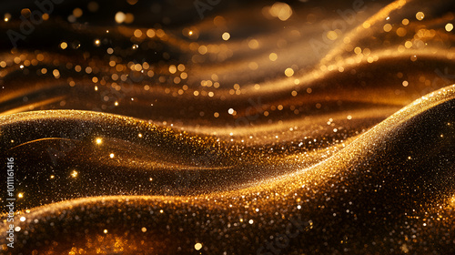 Shiny color golden wave design element with glitter effect on dark background,Golden abstract sparkles or glitter lights. Festive gold background.defocused circles bokeh or particles. Luxury gold par