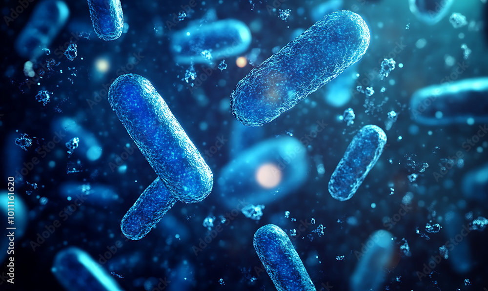 Close-up, highly detailed image of blue bacteria cells against a dark background, representing scientific research Close-up, highly detailed image of blue bacteria cells against a dark background, representing scientific research